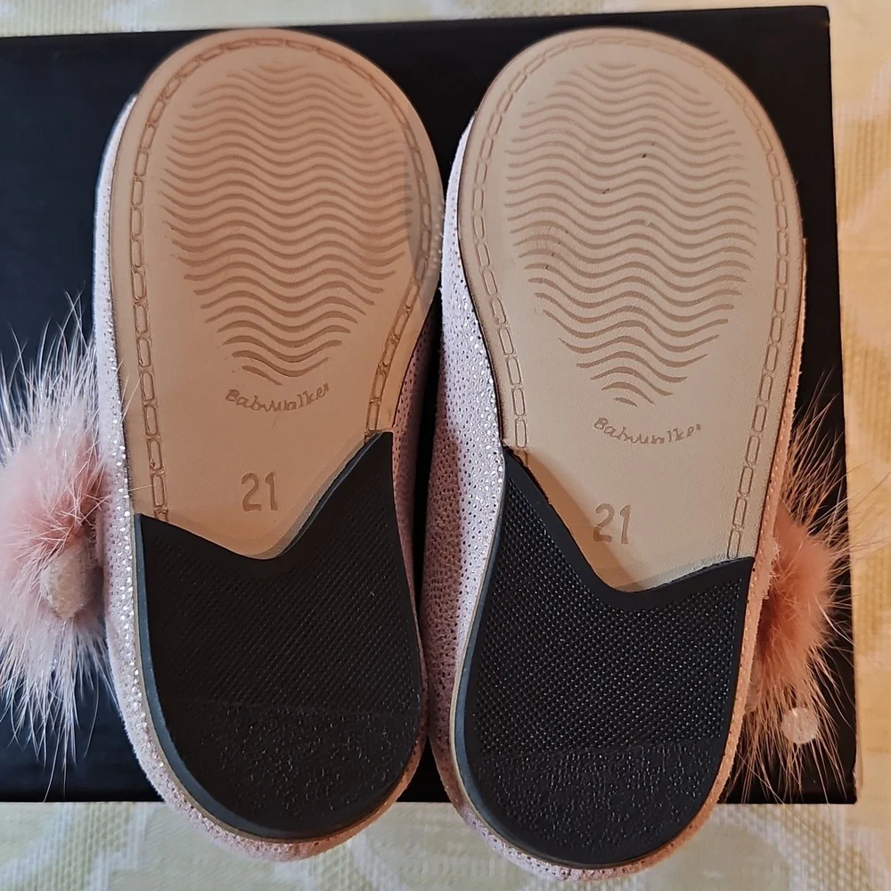 Babywalker Dusty Pink Leather Fur Jewel Baby Shoes NWT & box Greece 21 US 18-24m